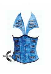 Blue Denim Print Leather with Collar Style Waist Training Underbust Corset Top
